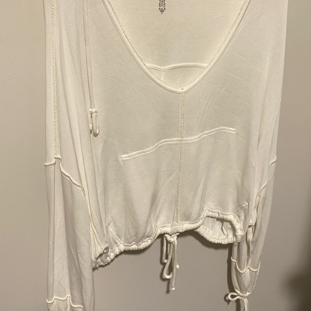 FP Distressed Hooded Sweatshirt with Drawstring Ties on waist on sleeves